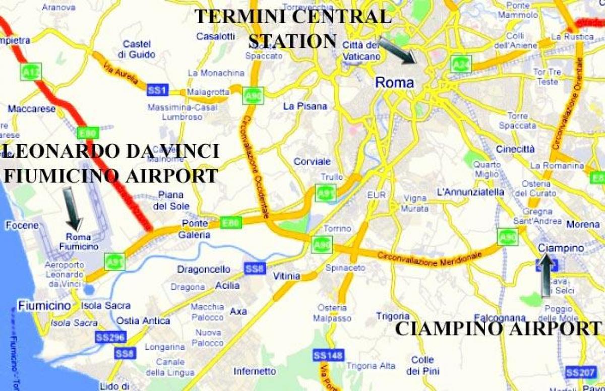 o mapa de Roma mostrando aeroportos